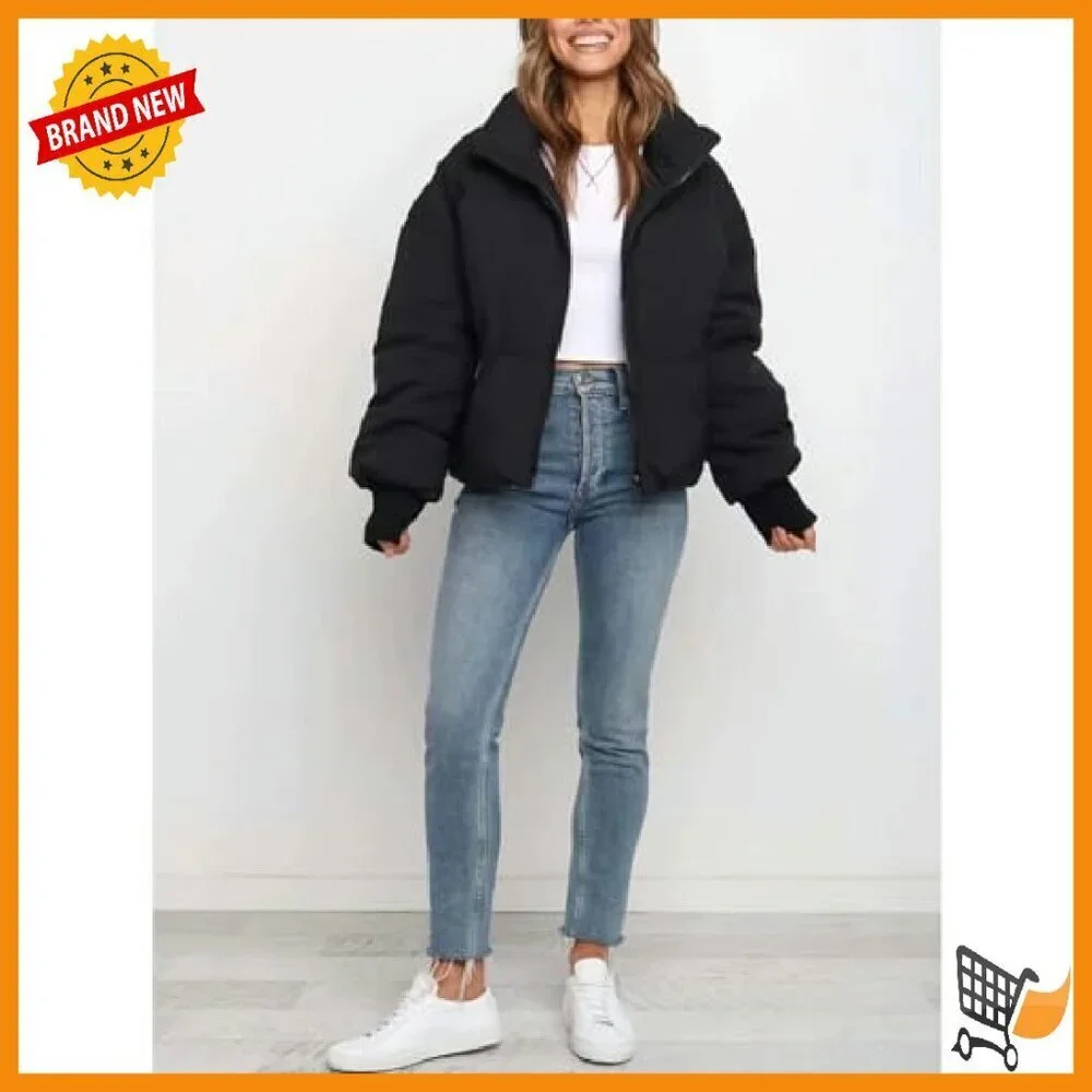 Women's Cropped Puffer Jacket Quilted Winter Coat Stand Collar Zippered Pockets